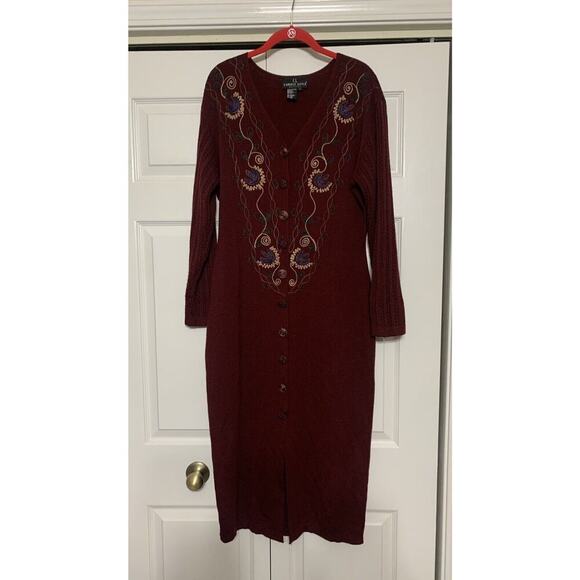 Vintage Carole Little Wool Blend Burgundy Embroidered Knit Maxi Sweater Dress L - Picture 1 of 9